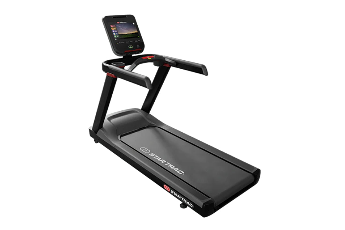 Black Star Trac 4TR treadmill with digital console display, cushioned running deck, and red accent details on white backgroun