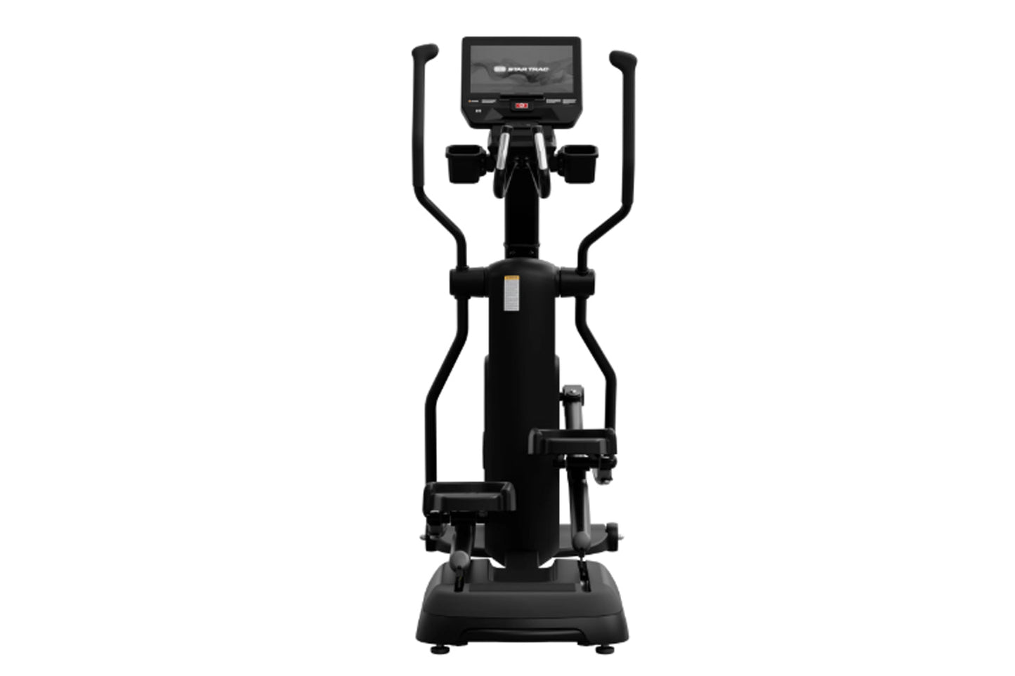 Black elliptical cross trainer with digital display screen, dual handles, and foot pedals on white background