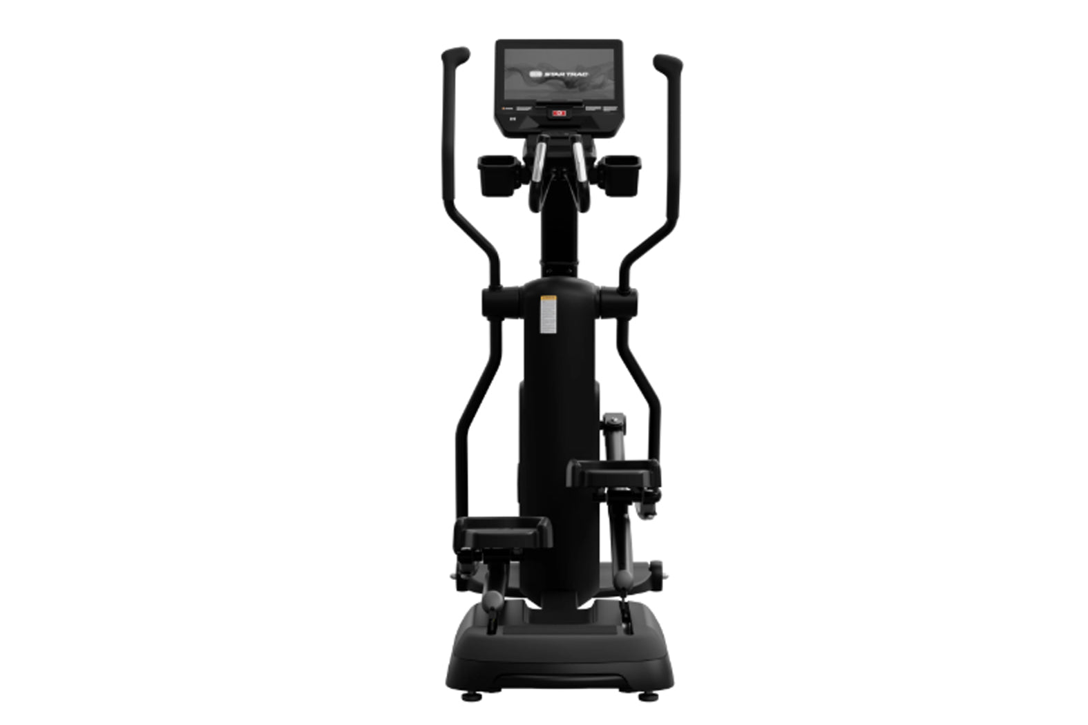 Black elliptical cross trainer with digital display screen, dual handles, and foot pedals on white background