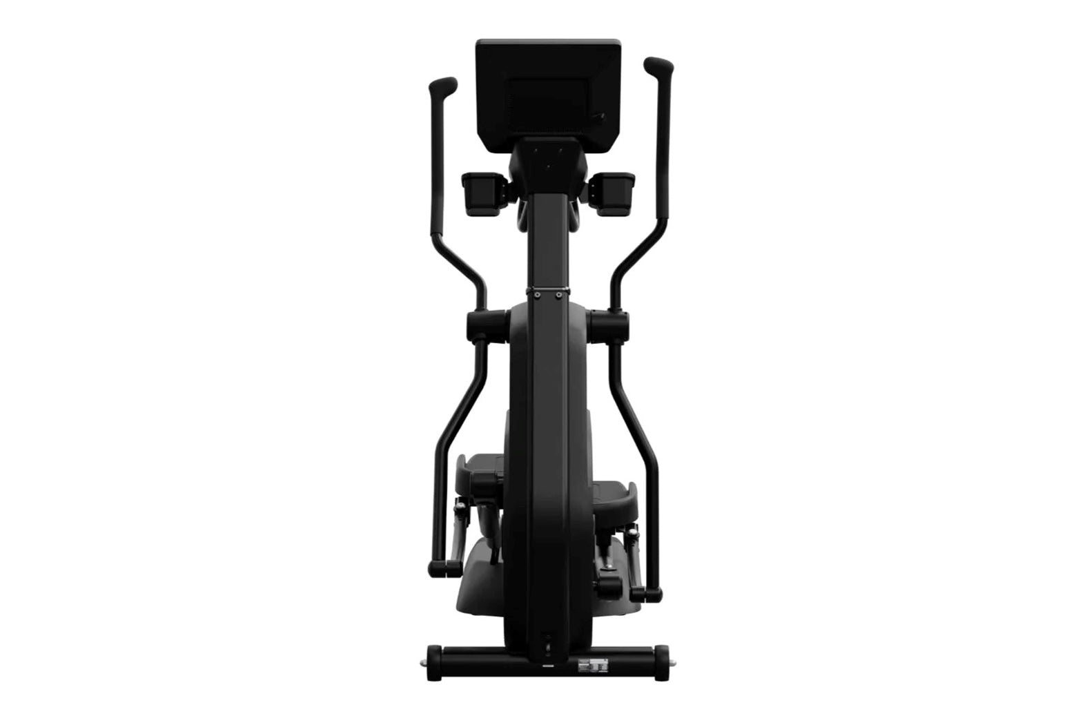 Black elliptical cross trainer with dual handles, digital display console, and foot pedals on white background