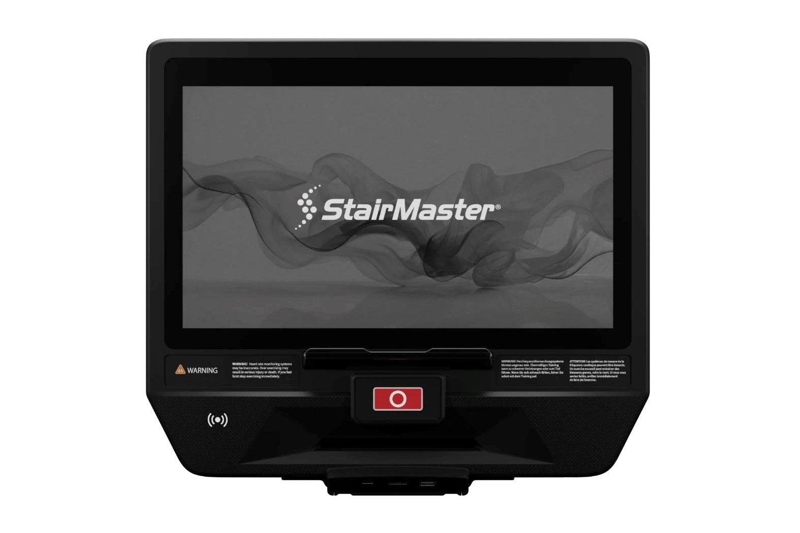 StairMaster black stair climbing machine console display with touchscreen showing brand logo, red stop button, and wireless i