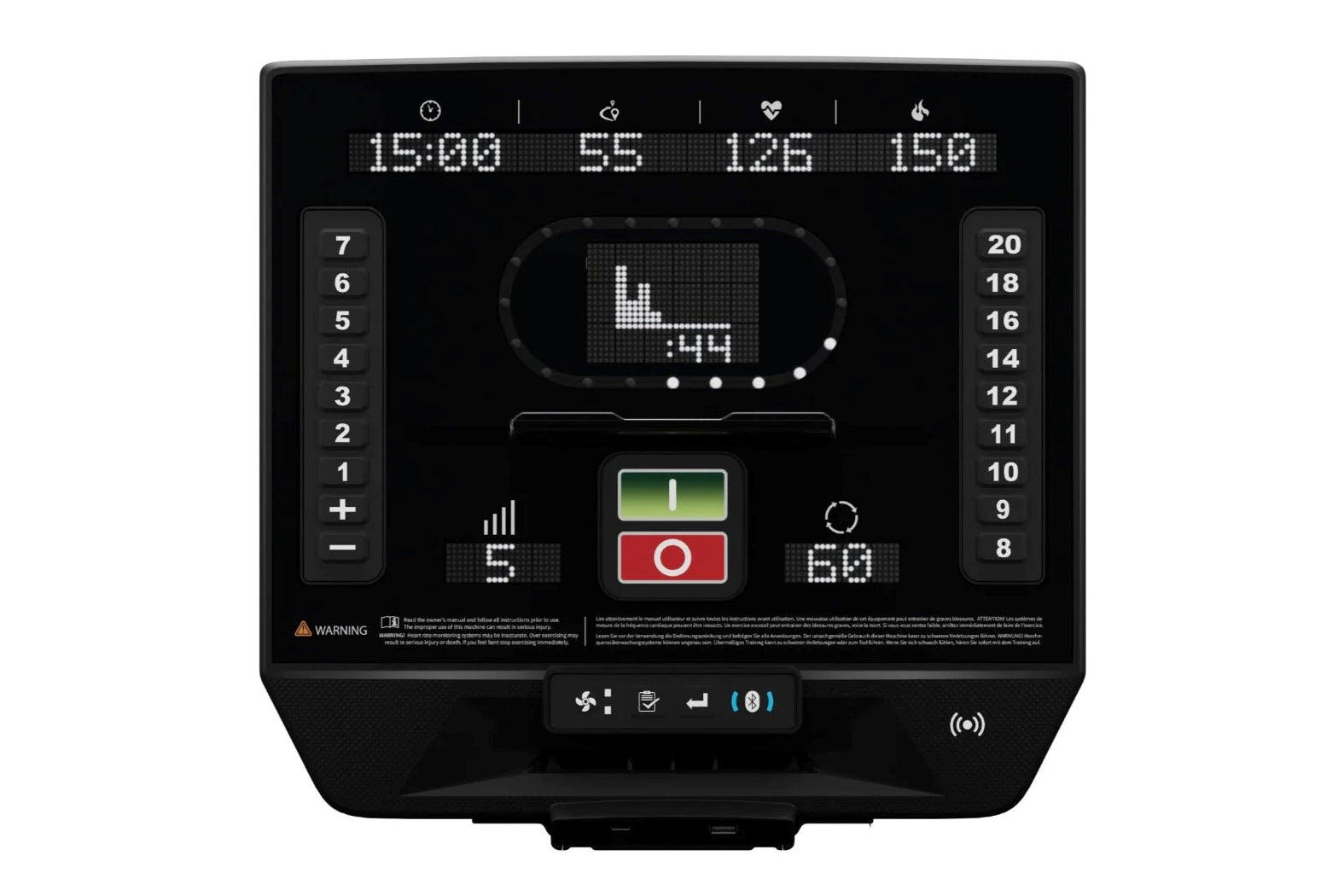 Black Star Trac elliptical machine with digital display showing time, resistance level, and heart rate metrics, front control