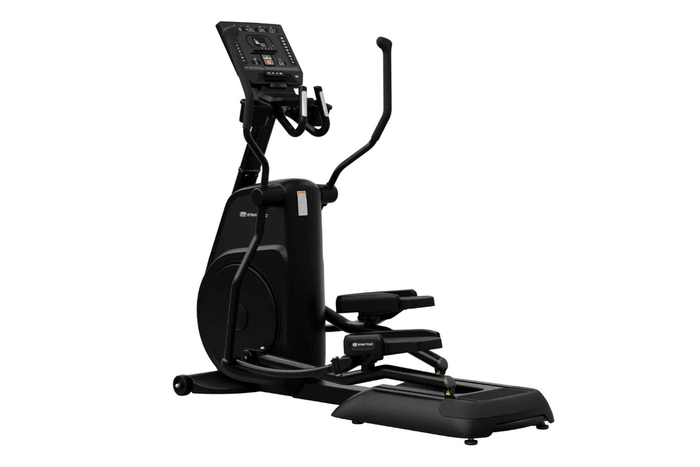 Black elliptical cross trainer with digital console, curved handles, and stationary pedal platform on white background
