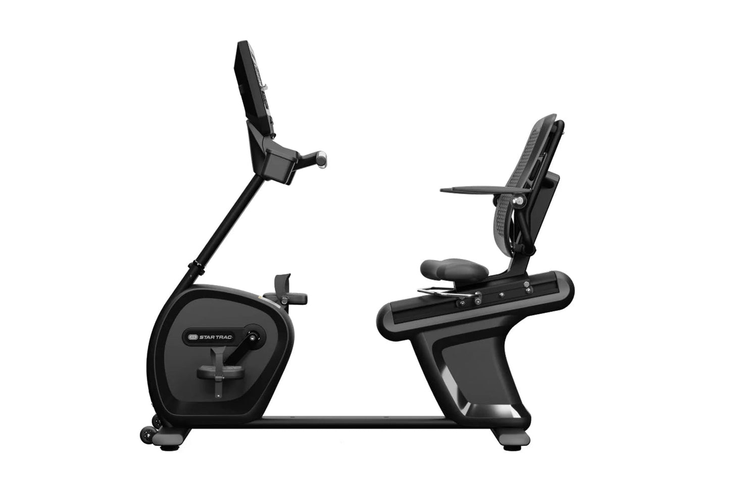 Star Trac 8RB black recumbent exercise bike with digital display and adjustable seat on white background