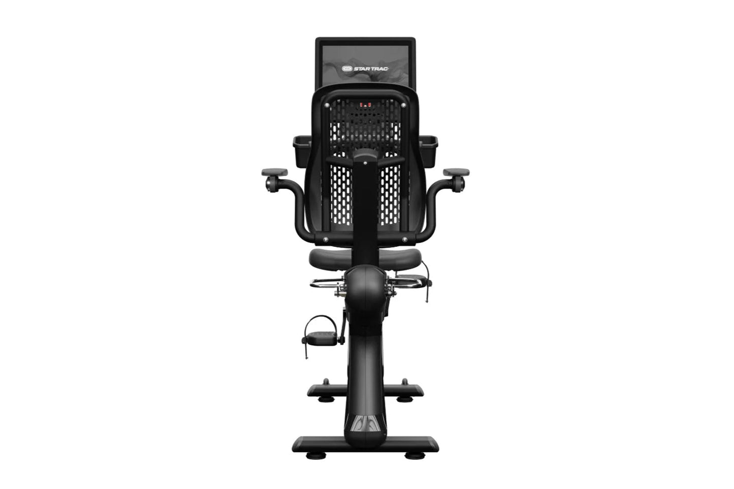 Star Trac 8RB black recumbent exercise bike with digital screen, mesh backrest, and foot pedals on white background