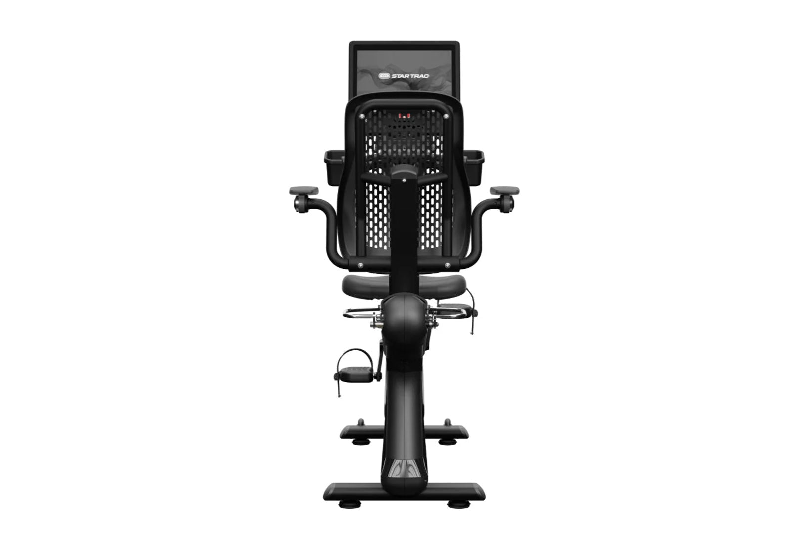 Star Trac 8RB black recumbent exercise bike with digital screen, mesh backrest, and foot pedals on white background