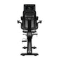 Black upright stationary exercise bike with mesh backrest, digital display console, handlebars, and pedals with footrest, sho
