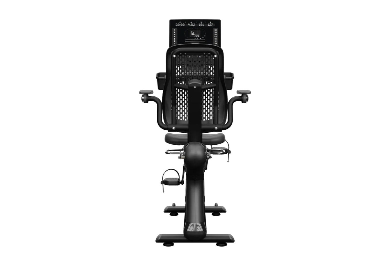 Black upright stationary exercise bike with mesh backrest, digital display console, handlebars, and pedals with footrest, sho
