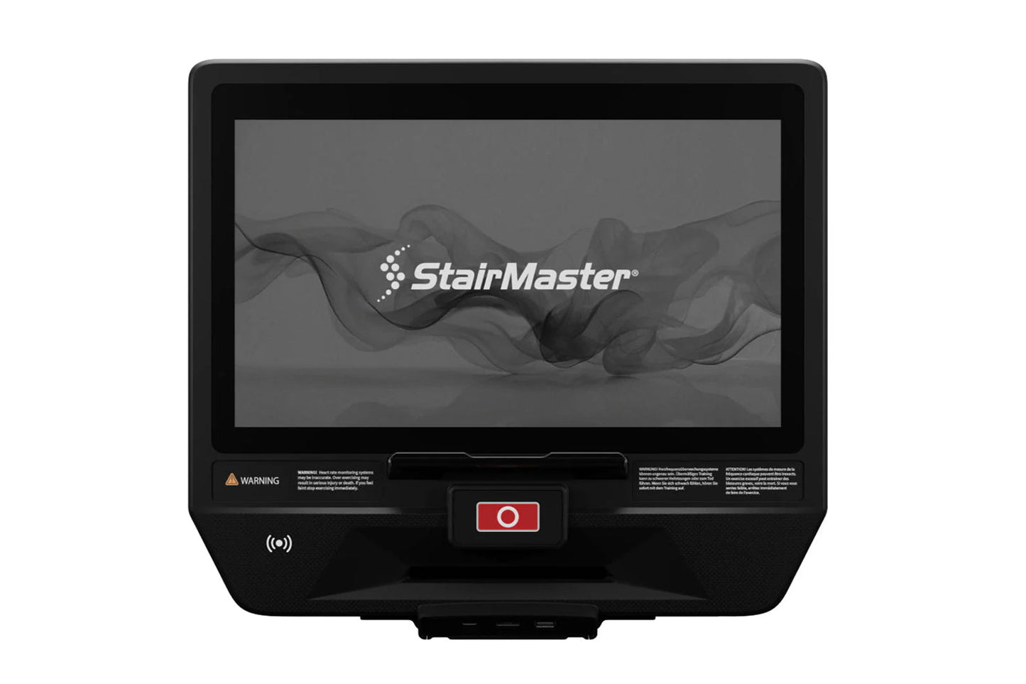 Black StairMaster stair climber console with digital display showing logo, red start button, and wireless icon on white backg