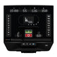 Black recumbent exercise bike console display showing workout metrics, digital screen with graph, green and red control butto
