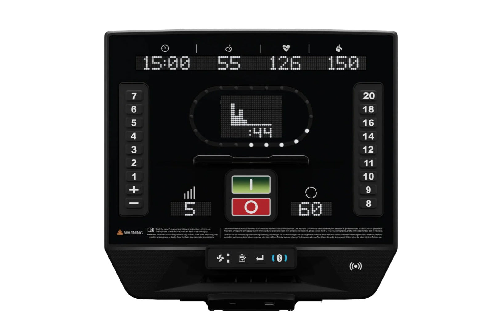 Black recumbent exercise bike console display showing workout metrics, digital screen with graph, green and red control butto