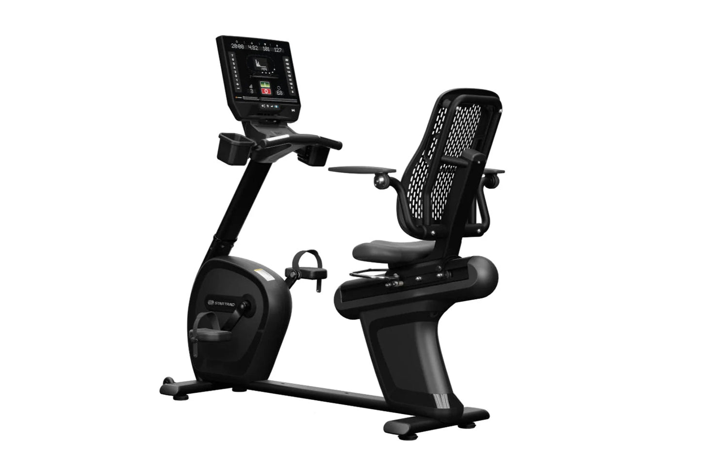 Black recumbent stationary bike with digital display console, mesh backrest, and foot pedals on white background