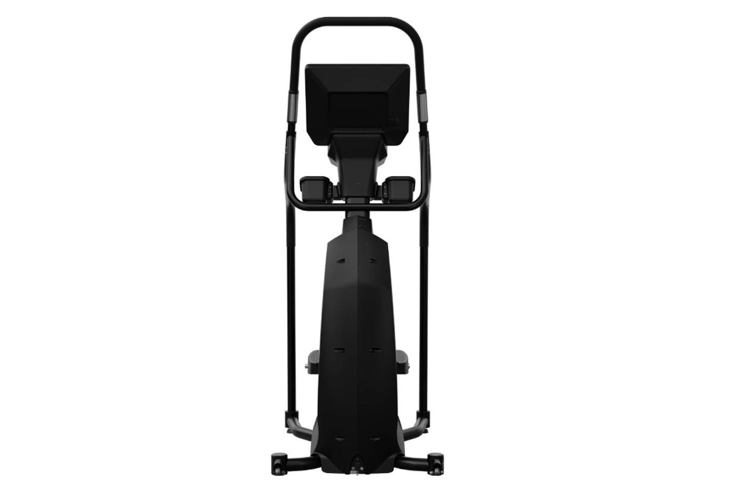 Black Star Trac rear drive elliptical machine with padded seat, handlebars, and foot pedals on white background