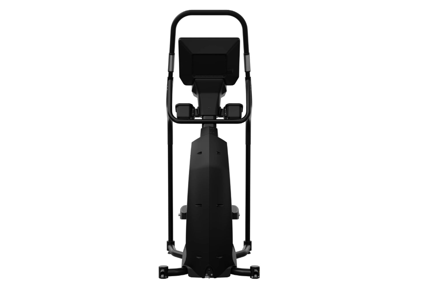 Black Star Trac rear drive elliptical machine with padded seat, handlebars, and foot pedals on white background