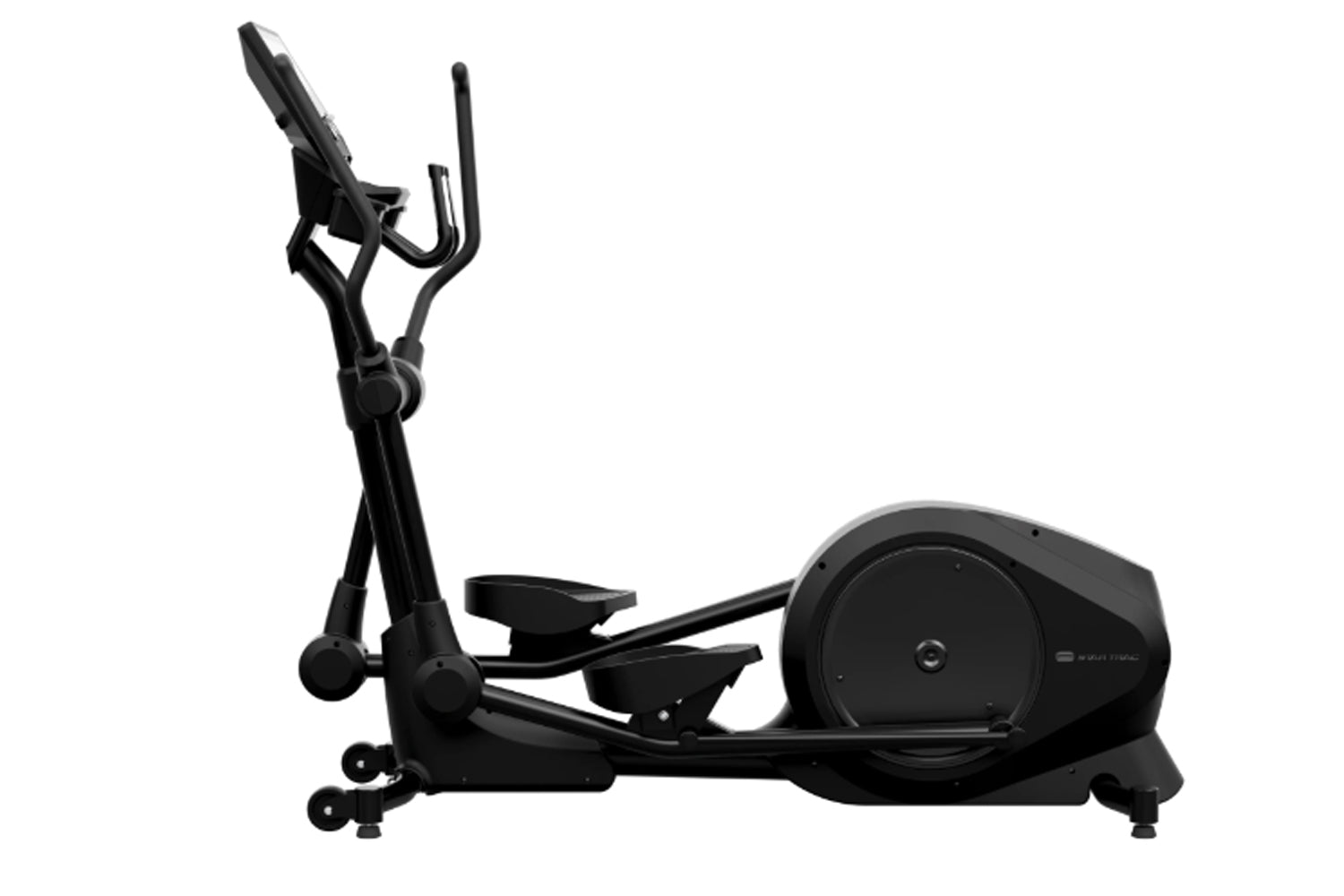 Black elliptical cross trainer with dual handles, footpads, and large wheel mechanism on white background
