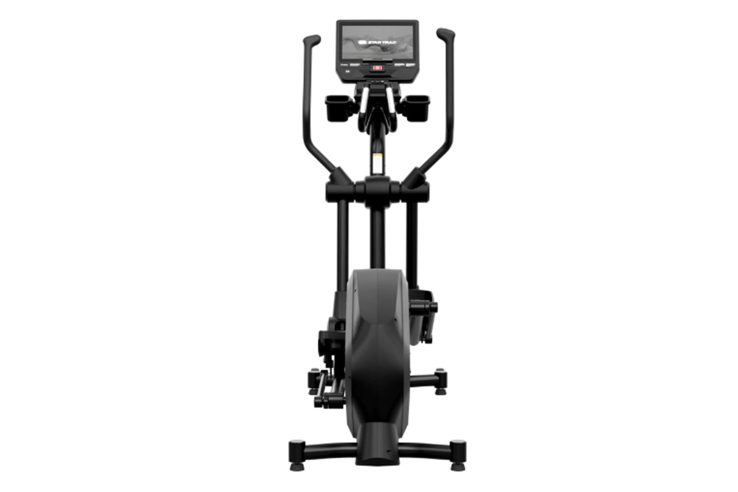 Black Star Trac 8RDE rear drive elliptical with digital display console and dual handlebars, on white background