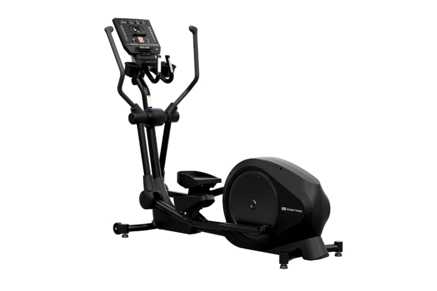 Black elliptical cross trainer with console display, handle bars, and pedals on white background