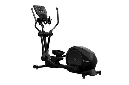 Black elliptical cross trainer with console display, handle bars, and pedals on white background