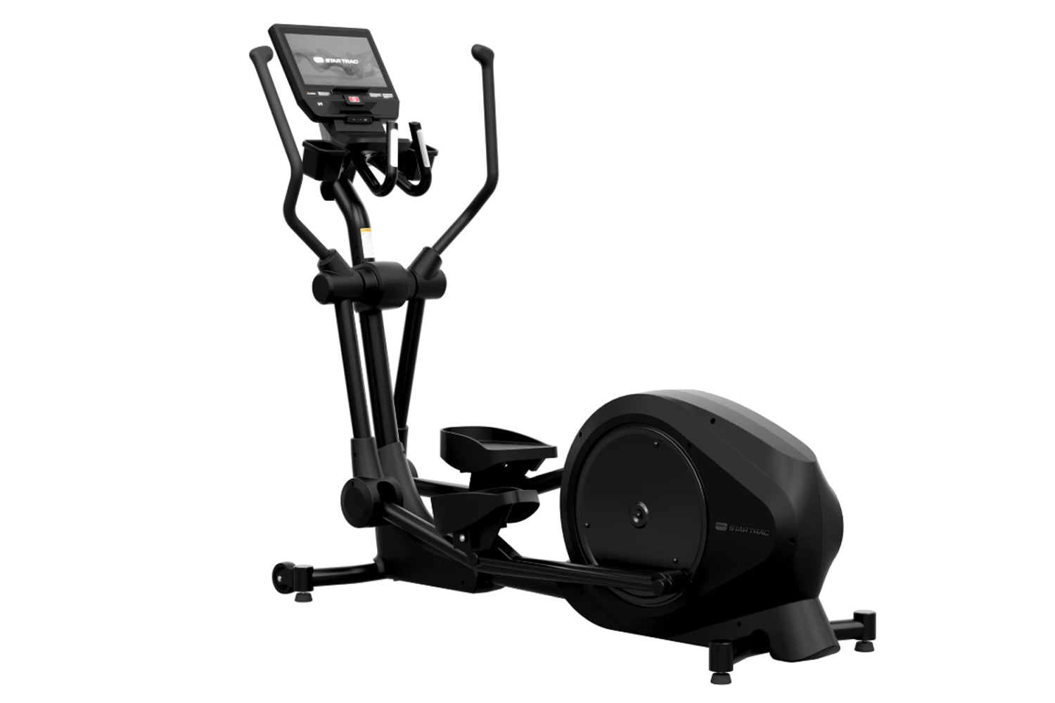 Black Star Trac elliptical cross trainer with digital display console, dual handles, and large wheel base on white background