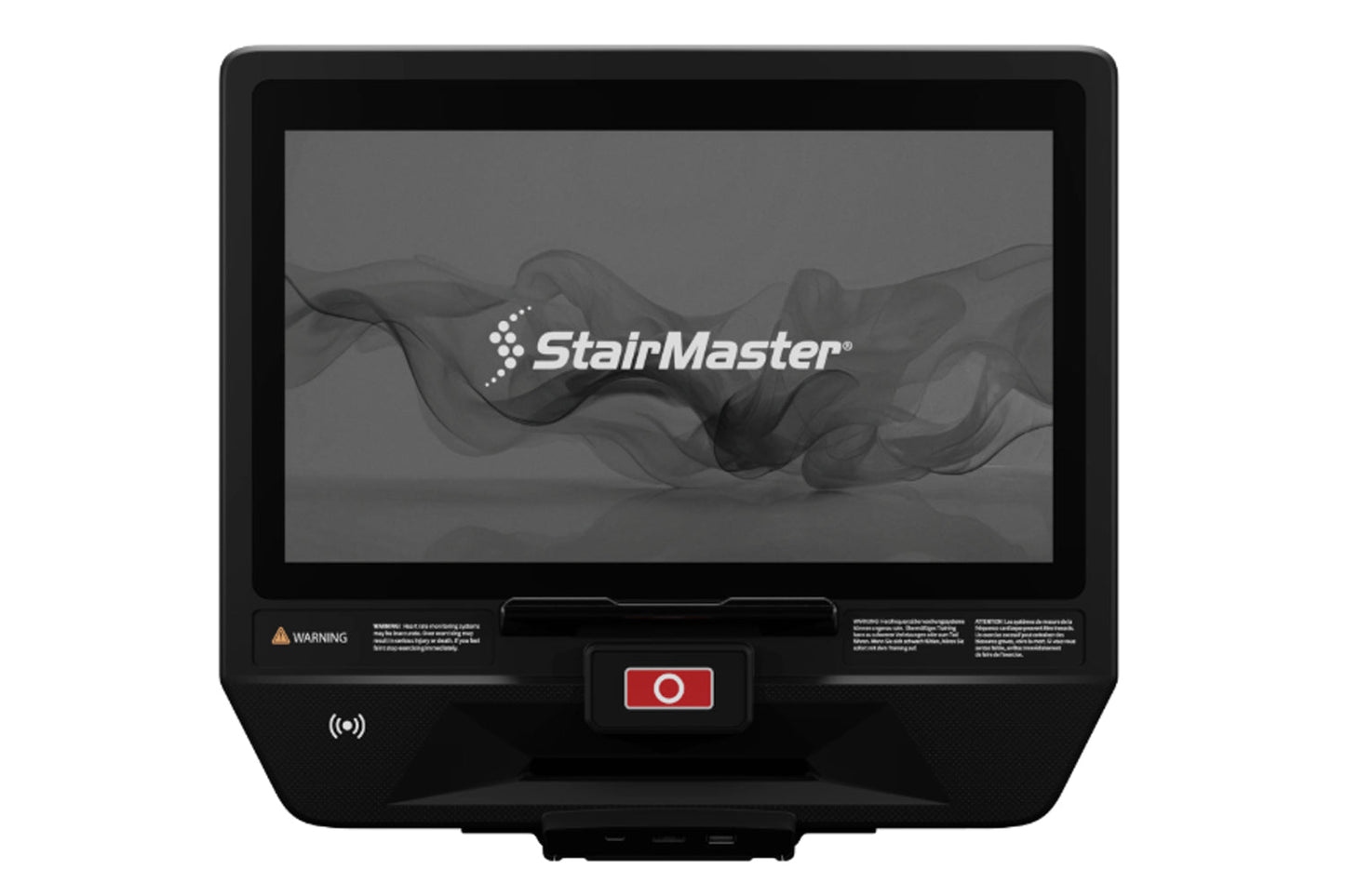 Black StairMaster elliptical machine with touchscreen display showing StairMaster logo, red power button, and warning label, 