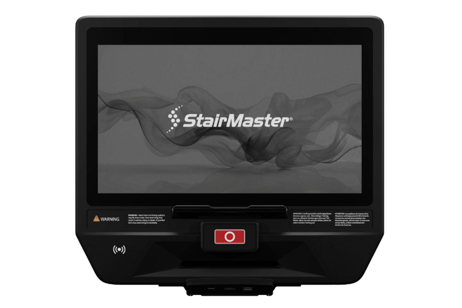 Black StairMaster elliptical machine with touchscreen display showing StairMaster logo, red power button, and warning label, 