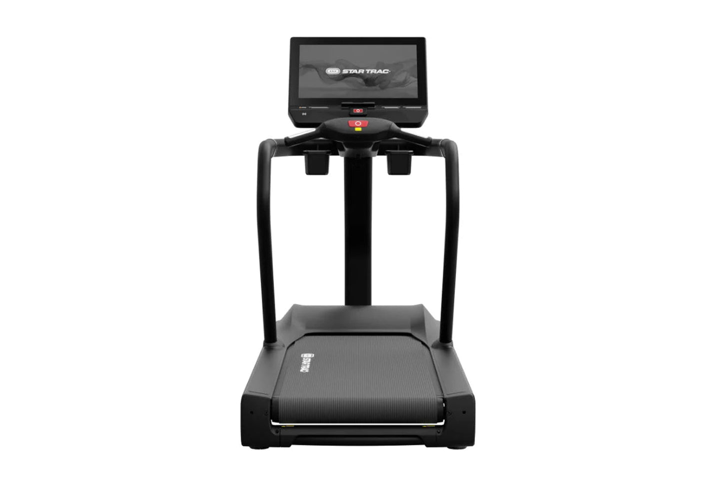 Black Star Trac 8TR treadmill with digital display console, dual handles, textured running deck, and red accent buttons on wh
