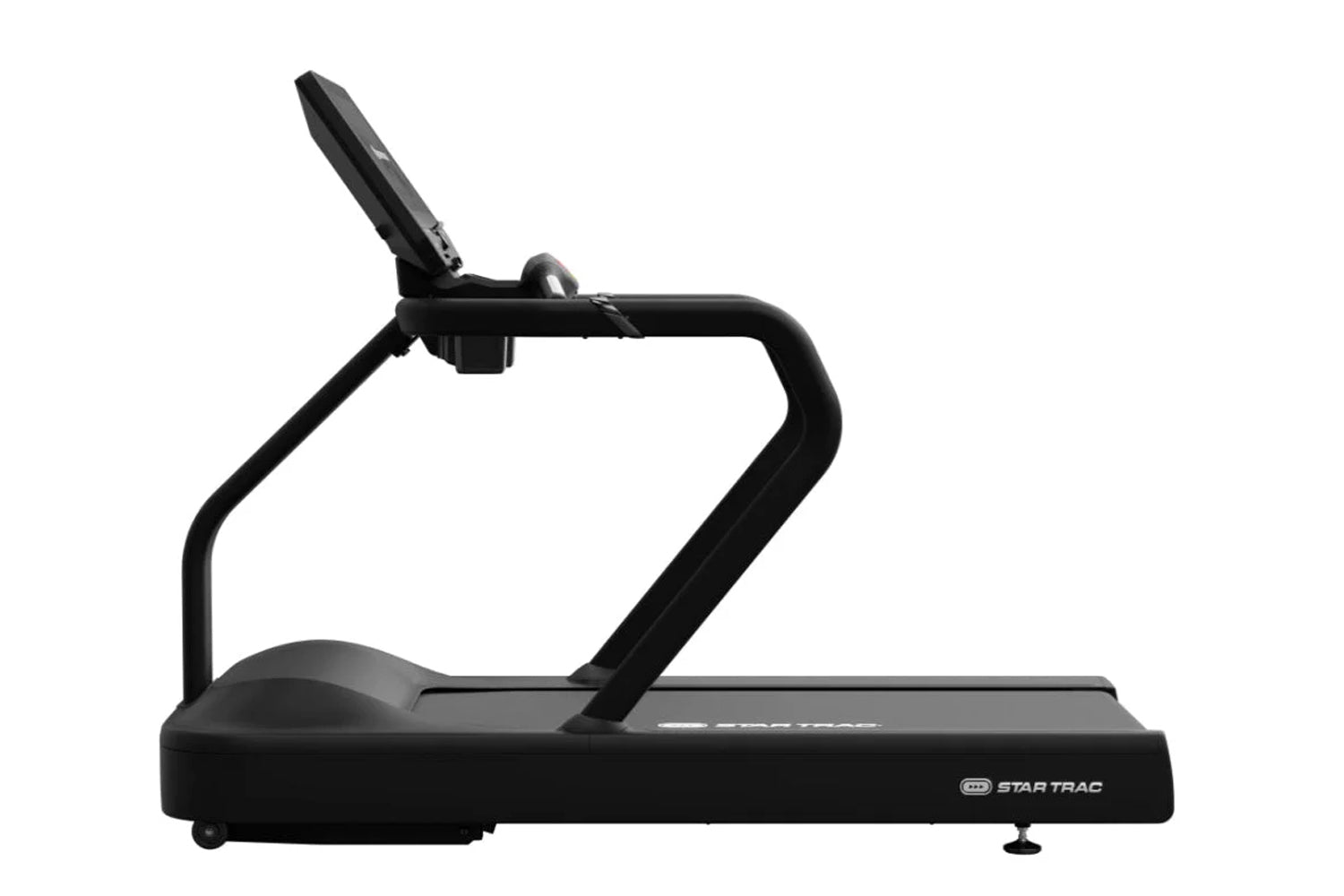 Black Star Trac commercial treadmill with curved running surface, black handles, and digital display on white background