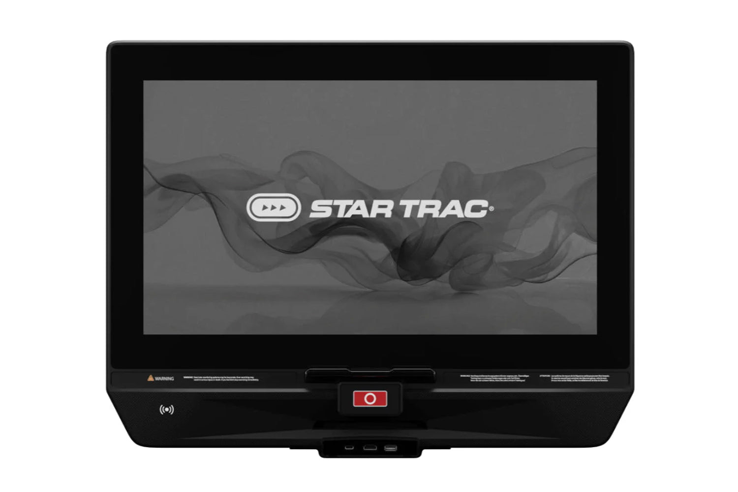 Black Star Trac treadmill console with touchscreen display showing startup logo and red power button
