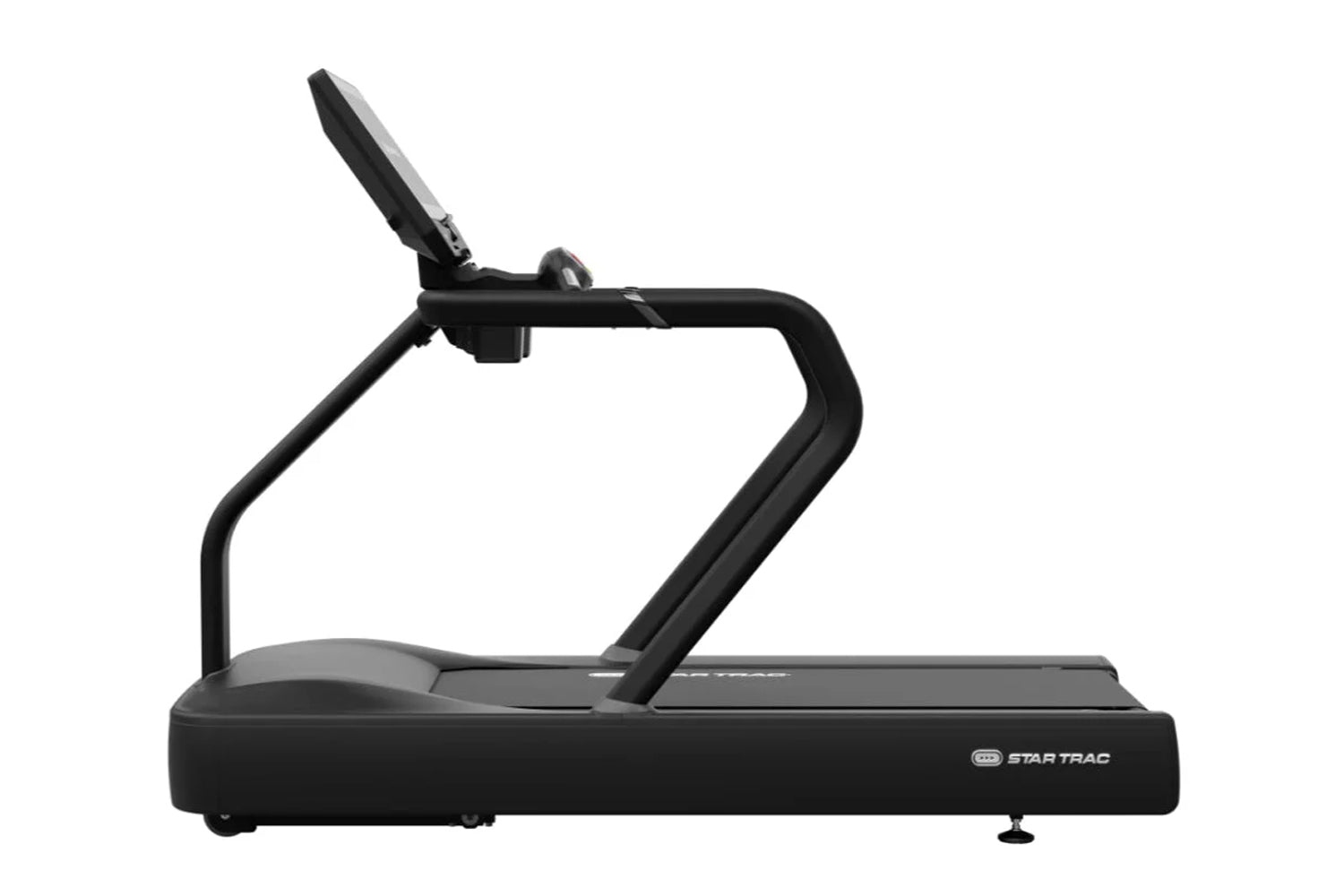 Black Star Trac 8TRx treadmill with curved running deck and upright console, shown on white background