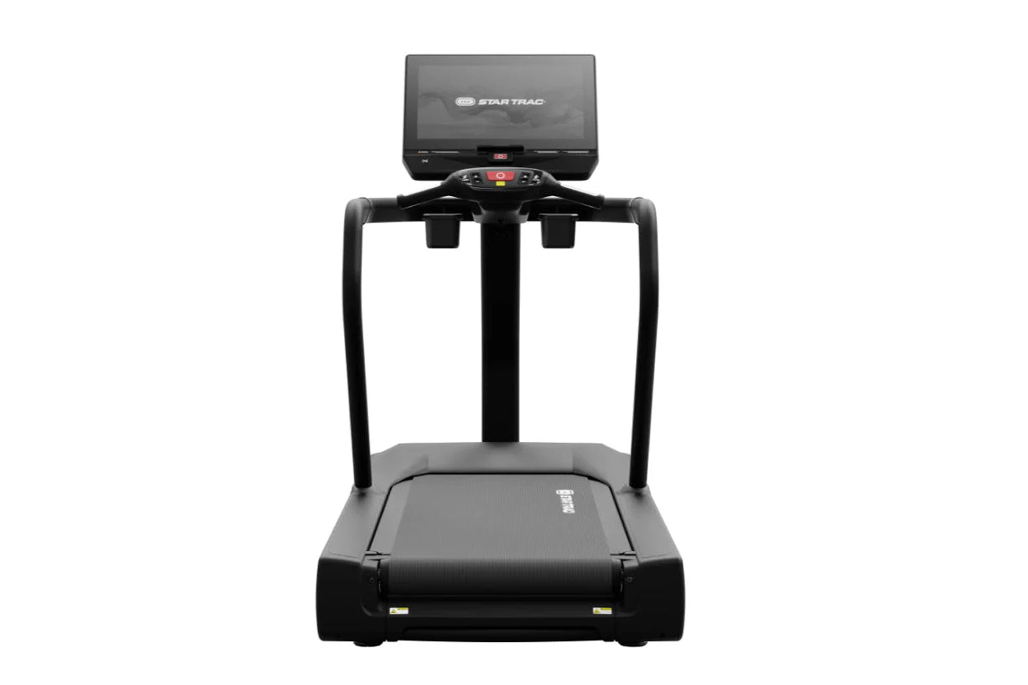 Star Trac 8TRx black treadmill with digital display console and dual handles on white background