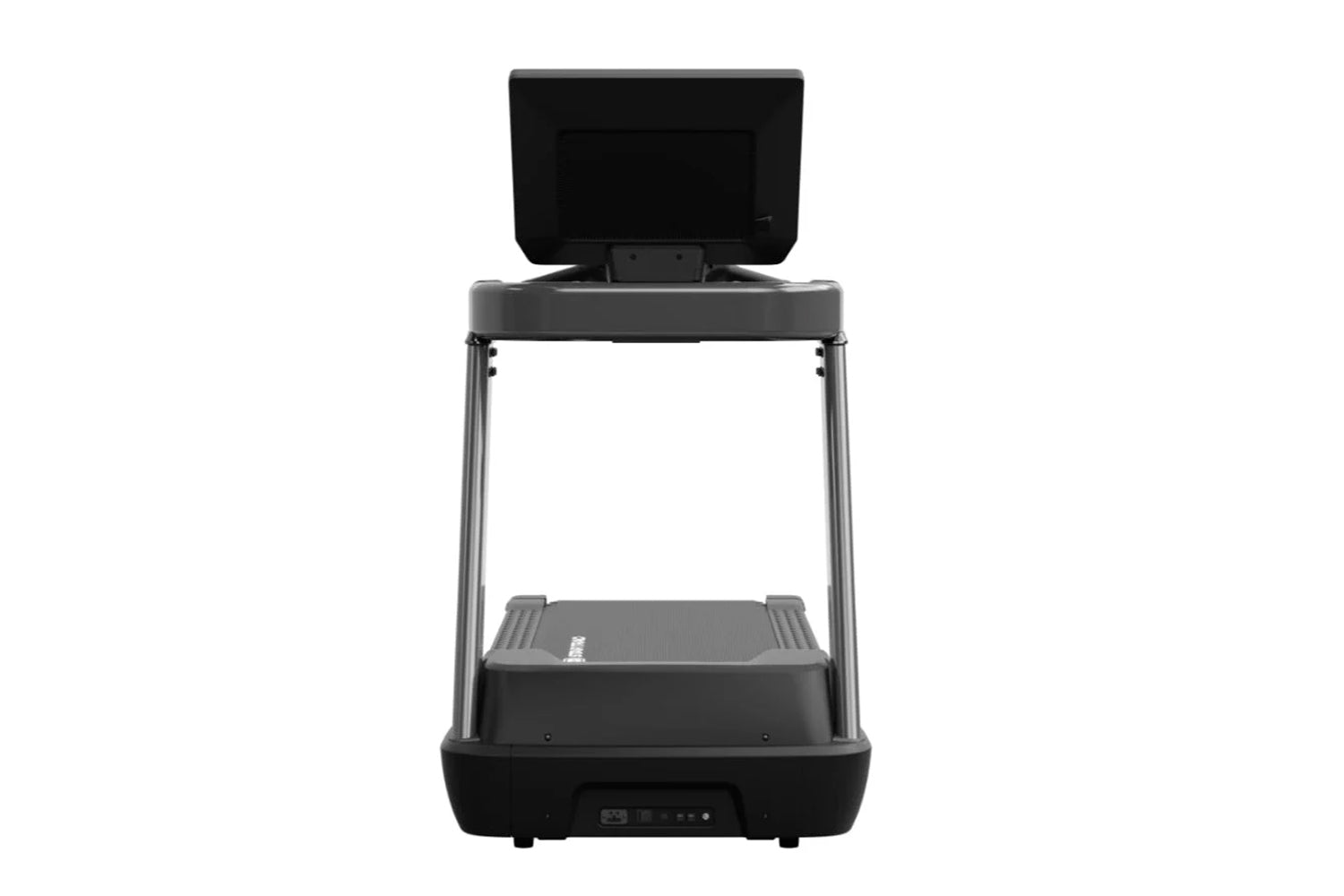 Black Star Trac 8TRx treadmill with digital display console, metal frame, and textured running deck on white background