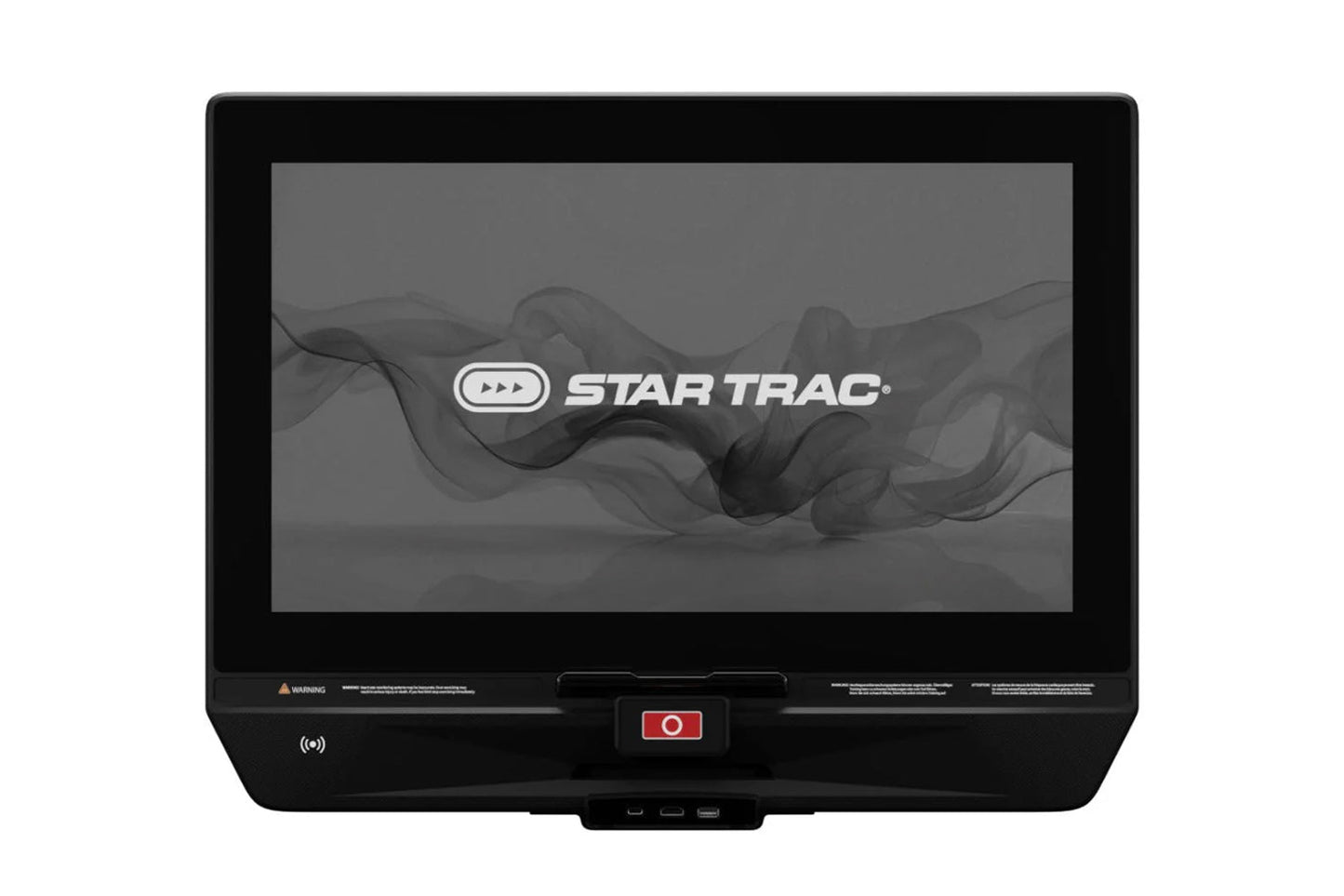Star Trac 8TRx black treadmill with gray display screen showing brand logo, front view on white background