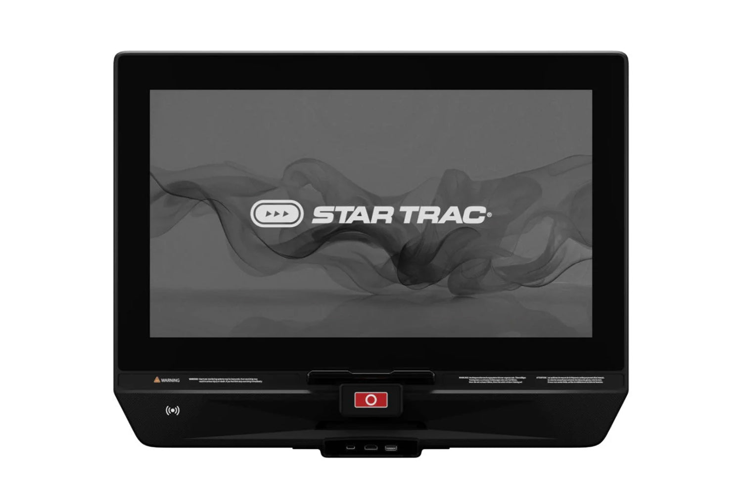 Star Trac 8TRx black treadmill with gray display screen showing brand logo, front view on white background