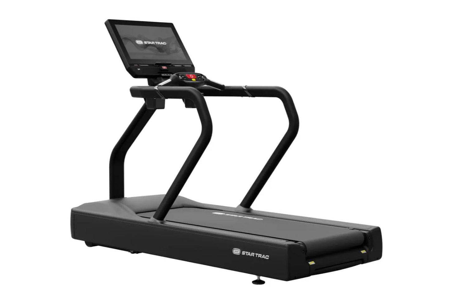 Star Trac 8TRx black treadmill with digital display console and curved handles on white background