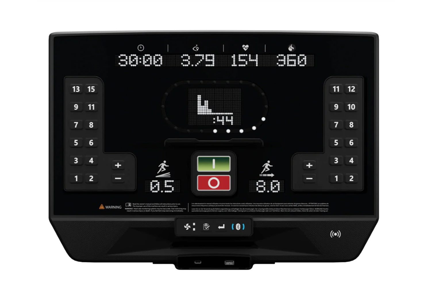 Star Trac 8TRx treadmill with black digital console displaying workout metrics, numbered side panels, and red emergency stop 