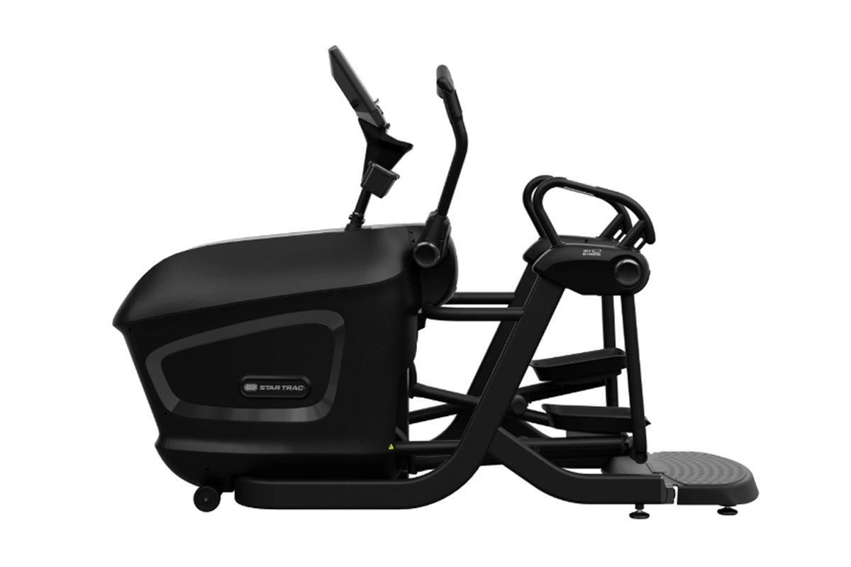 Black Star Trac VersaStrider elliptical machine with dual handlebars, curved footplate, and padded seat on white background