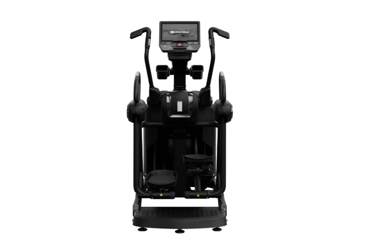 Black elliptical exercise machine with digital display console, dual moving handlebars, and foot pedals on white background
