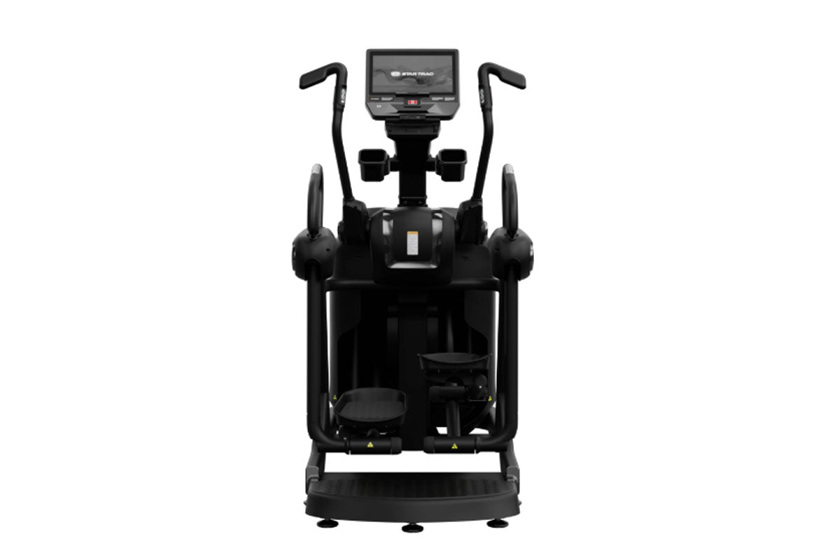 Black Star Trac elliptical machine with dual handles, digital display console, foot pedals, and cup holders on white backgrou