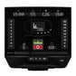 Black elliptical machine console displaying digital readouts, green and red control buttons, side number panels, and workout 