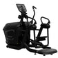Black elliptical exercise machine with digital display console, dual moving arms, foot pedals, and handlebar grips on white b