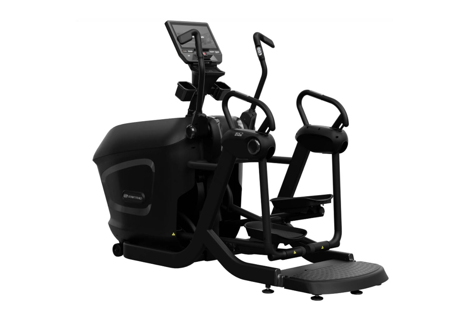 Black elliptical exercise machine with digital display console, dual moving arms, foot pedals, and handlebar grips on white b