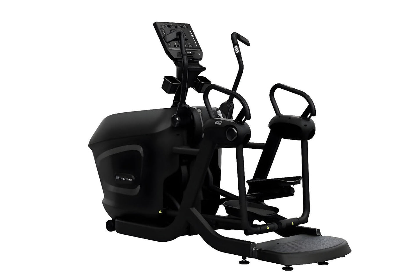 Black Star Trac elliptical machine with digital console, dual handles, and footplates on white background
