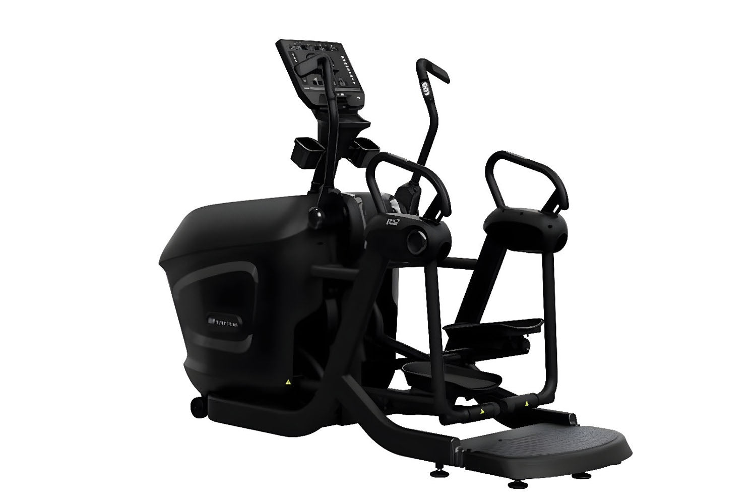 Black Star Trac elliptical machine with digital console, dual handles, and footplates on white background