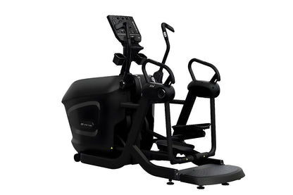 Black Star Trac elliptical machine with digital console, dual handles, and footplates on white background