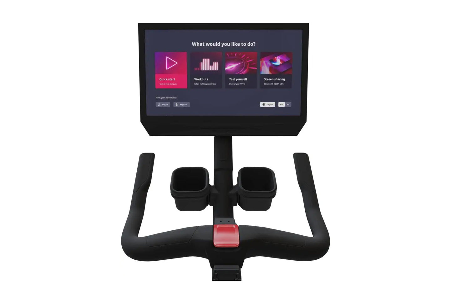 Black stationary exercise bike with curved handlebars, dual foot pedals, red accent button, and mounted display screen showin