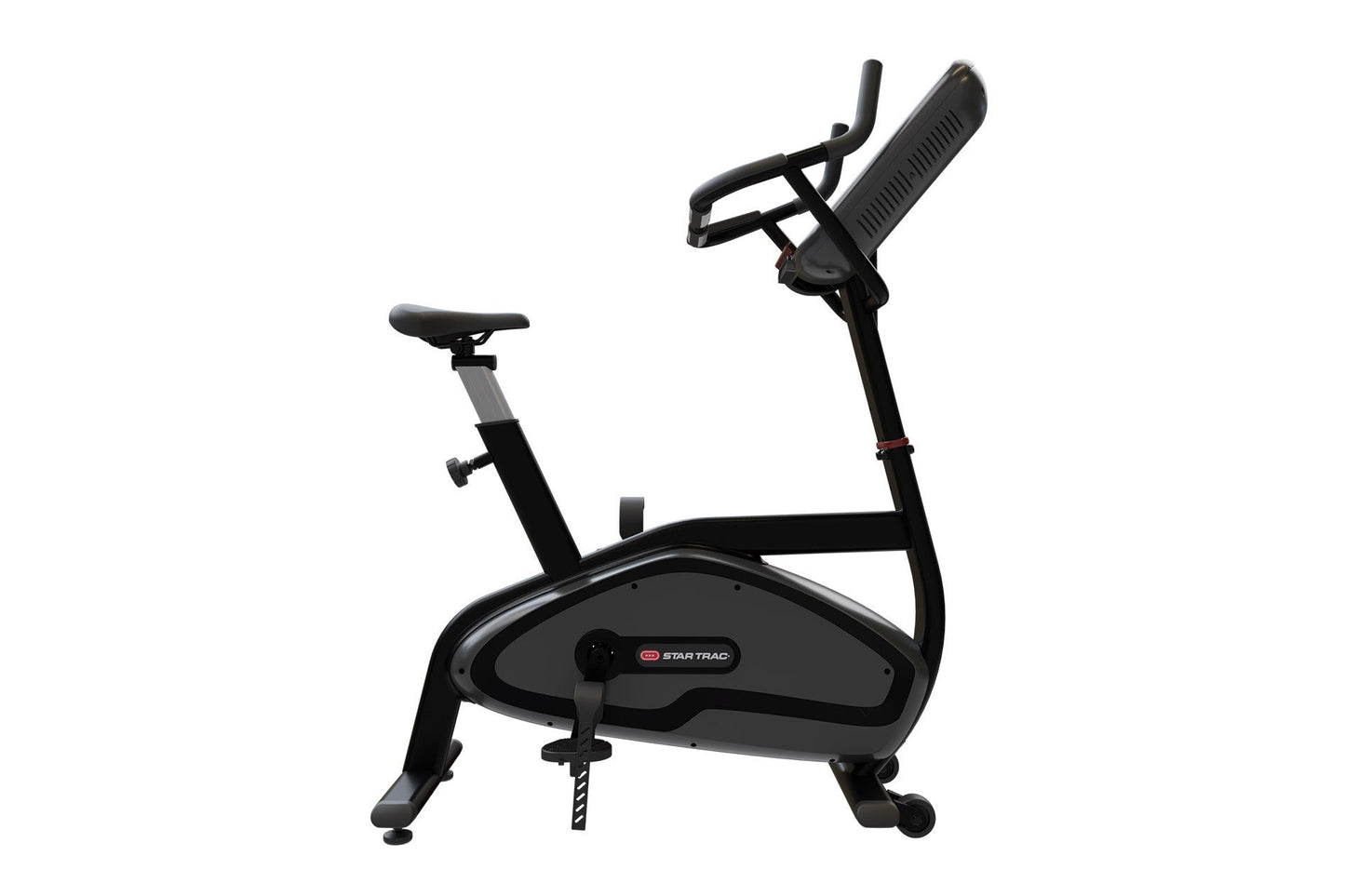 Black and gray Star Trac upright exercise bike with padded seat, handlebars, and digital display console on white background