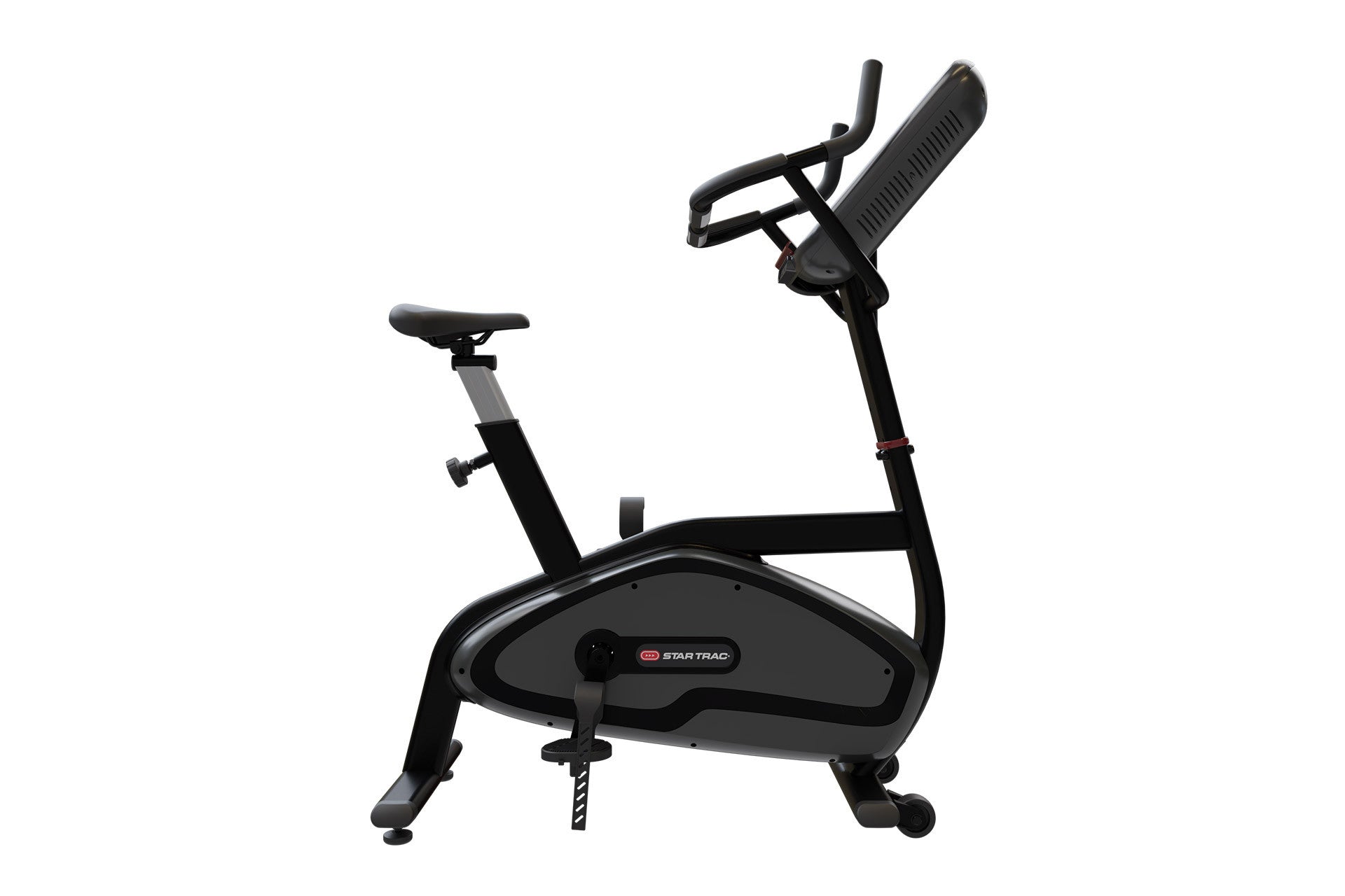 Black and gray Star Trac upright exercise bike with padded seat, handlebars, and digital display console on white background