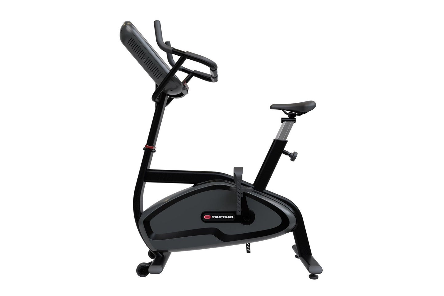 Black and gray upright exercise bike with digital display console, adjustable seat, and handlebar grips on white background