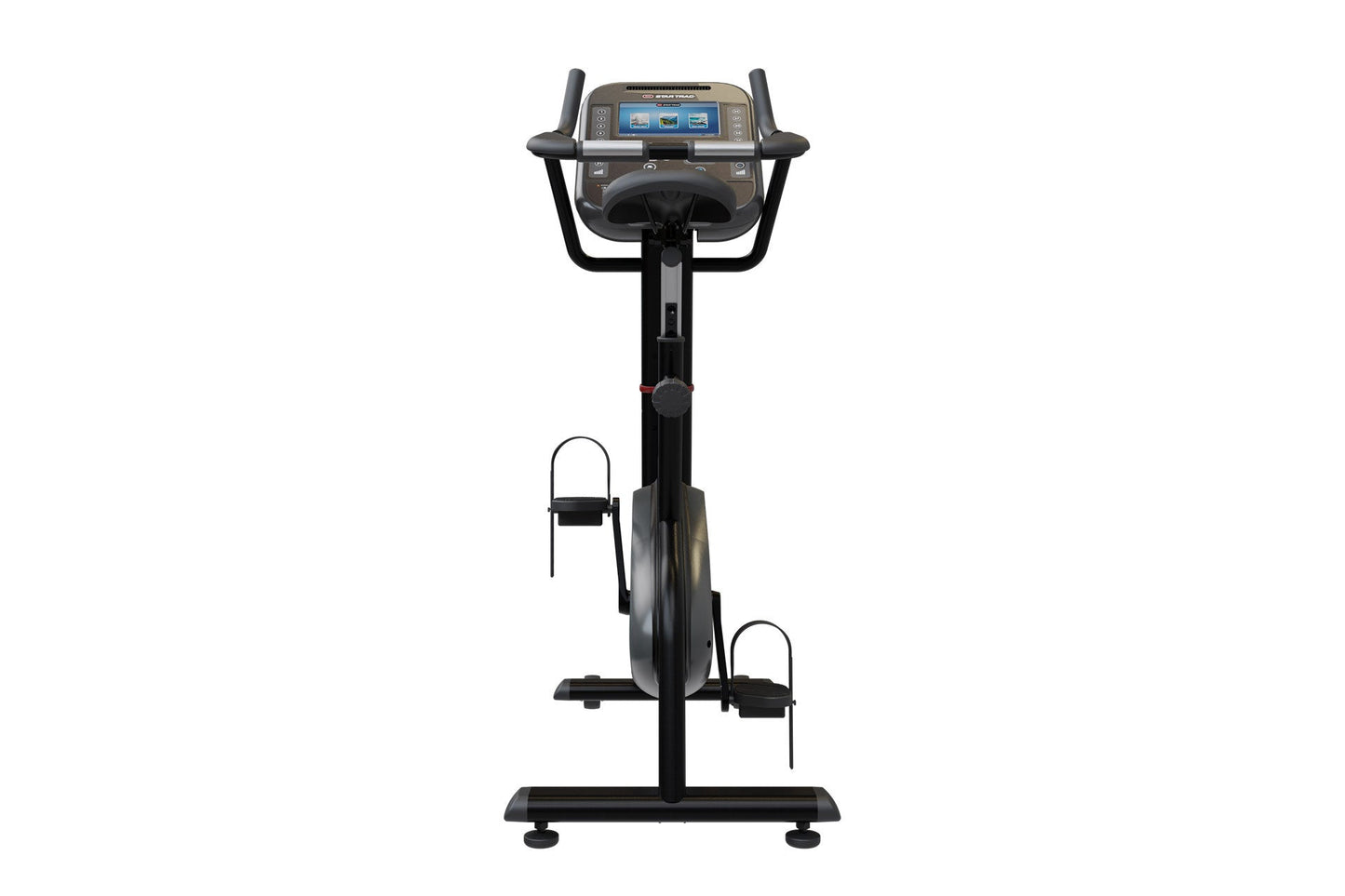 Black upright stationary bike with digital console display, handlebars, pedals with foot straps, and stable base on white bac