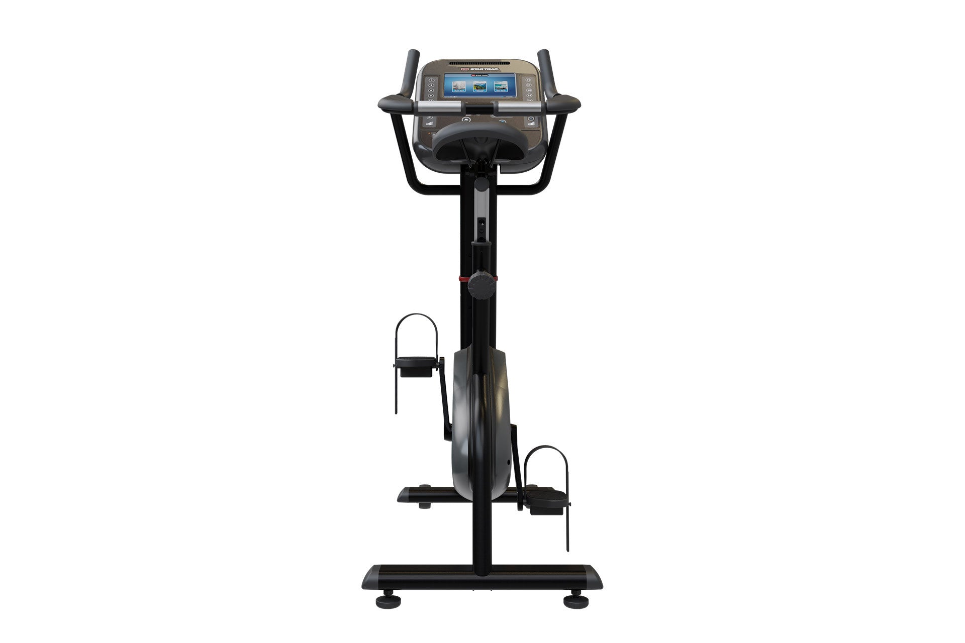 Black upright stationary bike with digital console display, handlebars, pedals with foot straps, and stable base on white bac